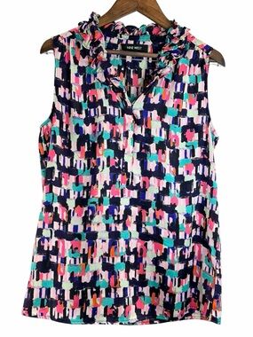 Nine West Abstract Print Ruffle Neck Sleeveless Blouse XS Pink Tea